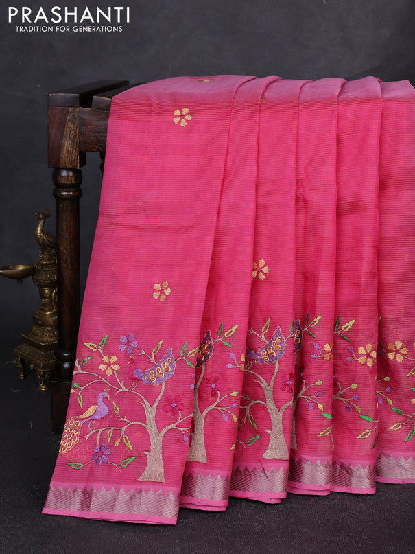 Mangalgiri silk cotton saree pink with embroidery floral buttas and embroidery border