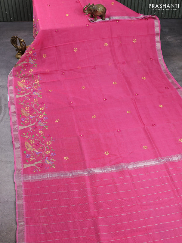Mangalgiri silk cotton saree pink with embroidery floral buttas and embroidery border