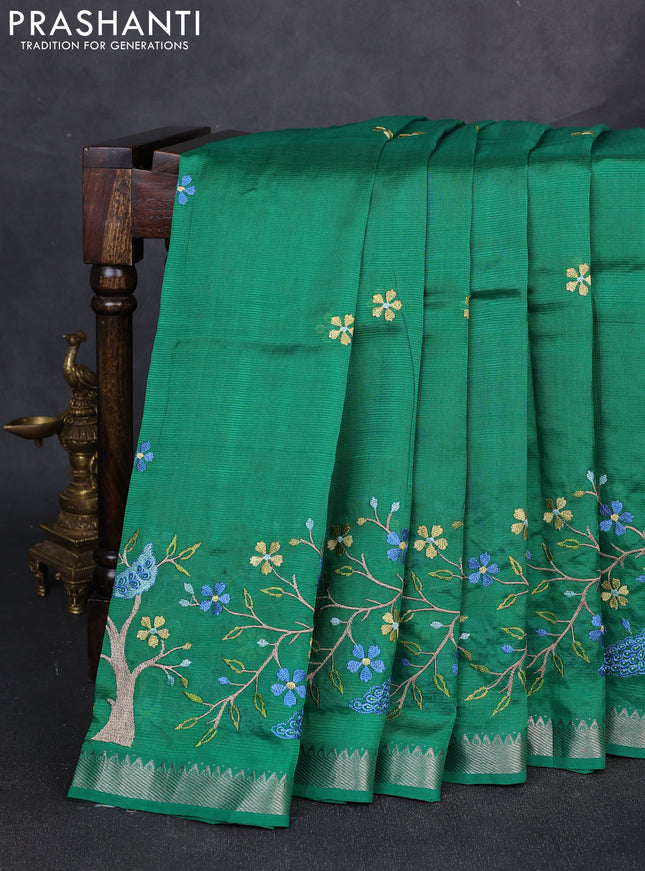 Mangalgiri silk cotton saree green with embroidery floral buttas and embroidery border