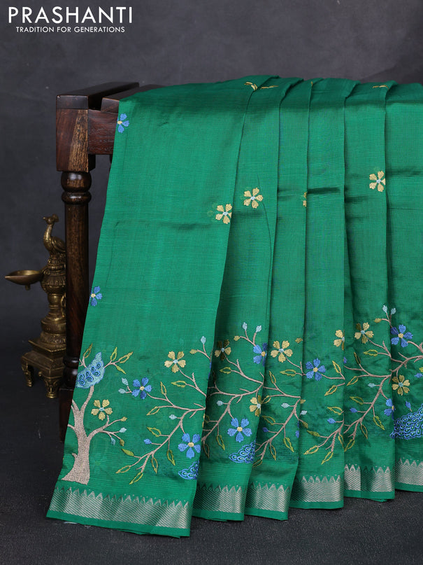Mangalgiri silk cotton saree green with embroidery floral buttas and embroidery border