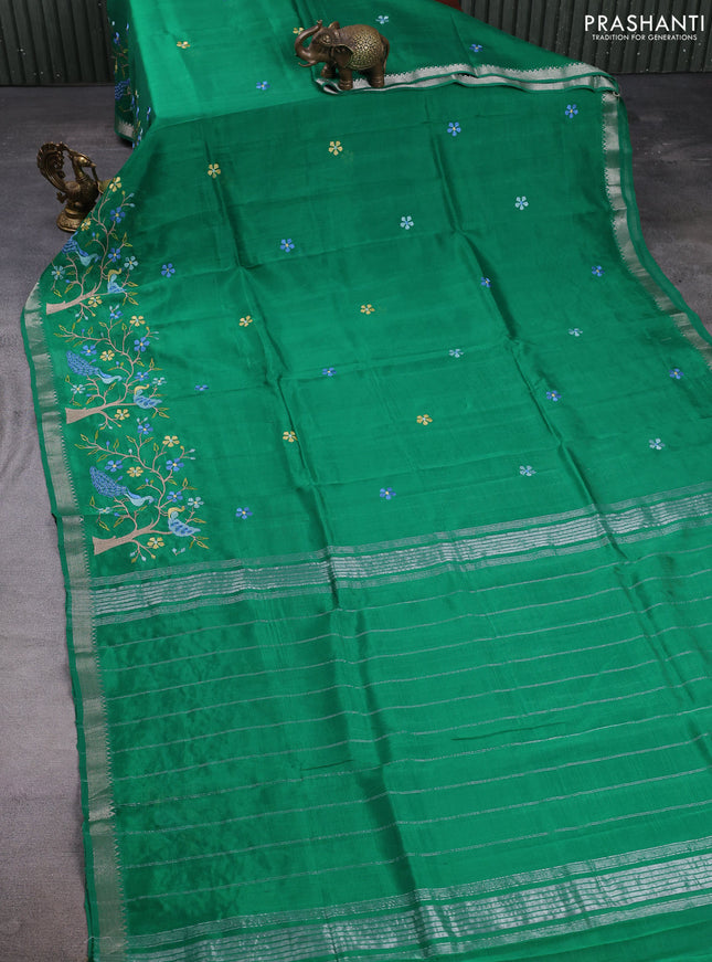 Mangalgiri silk cotton saree green with embroidery floral buttas and embroidery border