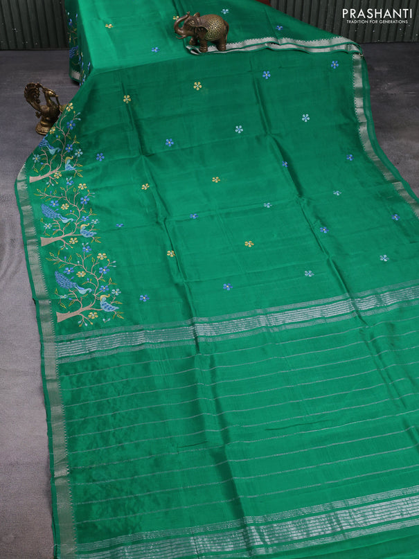 Mangalgiri silk cotton saree green with embroidery floral buttas and embroidery border