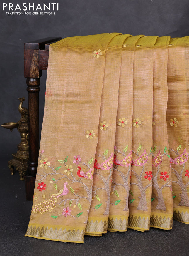 Mangalgiri silk cotton saree sandal with embroidery floral buttas and embroidery border