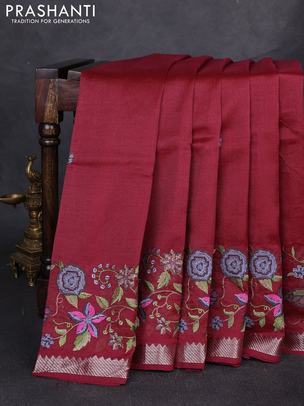 Mangalgiri silk cotton saree maroon with embroidery buttas and embroidery border