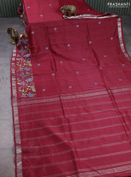 Mangalgiri silk cotton saree maroon with embroidery buttas and embroidery border