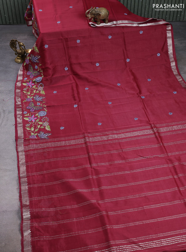 Mangalgiri silk cotton saree maroon with embroidery buttas and embroidery border
