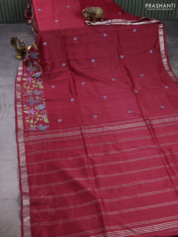 Mangalgiri silk cotton saree maroon with embroidery buttas and embroidery border