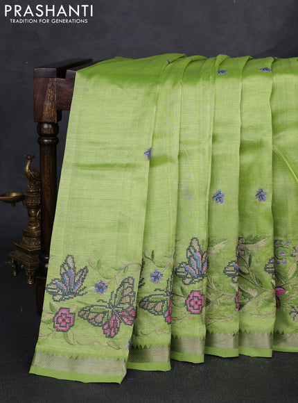 Mangalgiri silk cotton saree light green with embroidery buttas and embroidery border