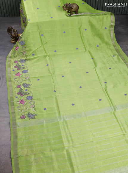 Mangalgiri silk cotton saree light green with embroidery buttas and embroidery border