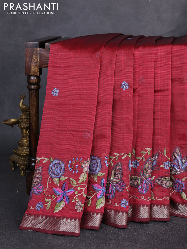 Mangalgiri silk cotton saree maroon with embroidery buttas and embroidery border