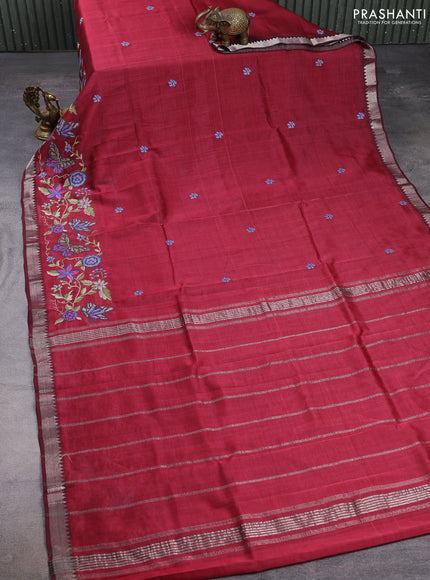 Mangalgiri silk cotton saree maroon with embroidery buttas and embroidery border