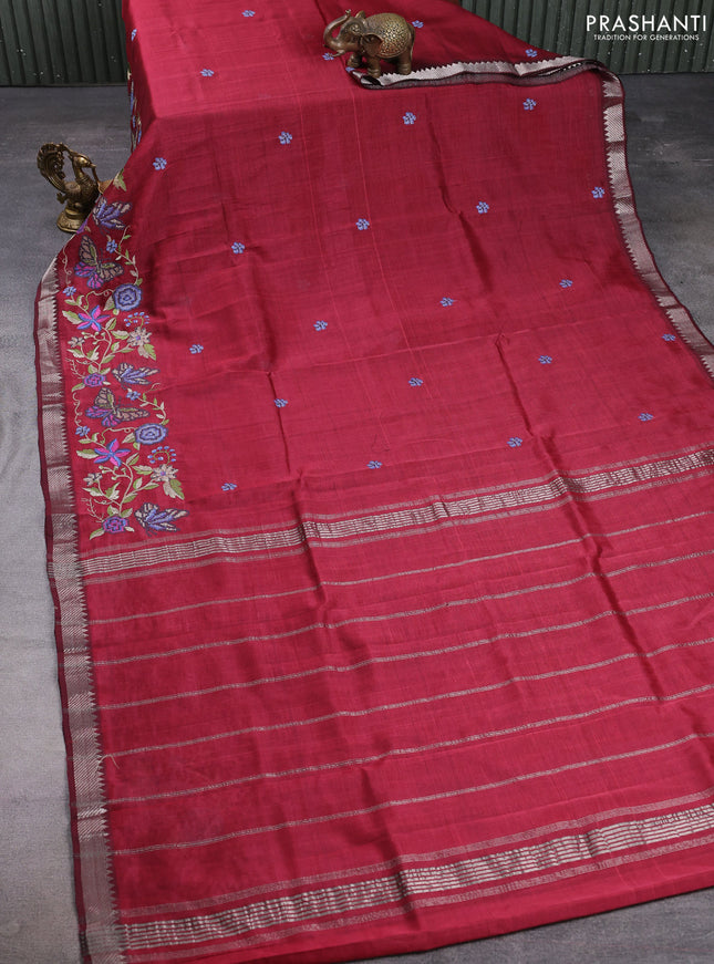 Mangalgiri silk cotton saree maroon with embroidery buttas and embroidery border