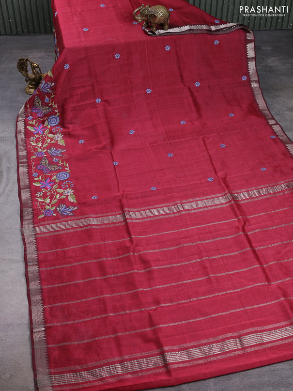 Mangalgiri silk cotton saree maroon with embroidery buttas and embroidery border