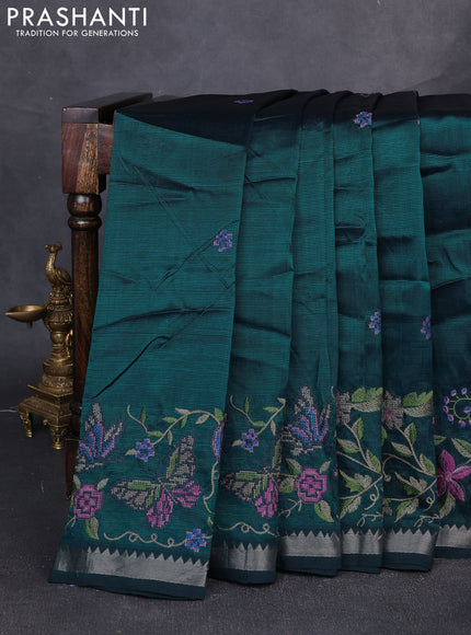 Mangalgiri silk cotton saree peacock green with embroidery buttas and embroidery border