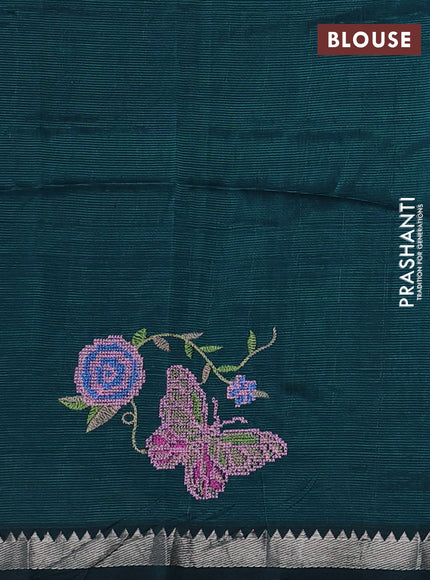 Mangalgiri silk cotton saree peacock green with embroidery buttas and embroidery border