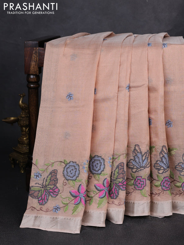 Mangalgiri silk cotton saree beige with embroidery buttas and embroidery border