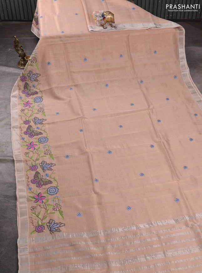Mangalgiri silk cotton saree beige with embroidery buttas and embroidery border