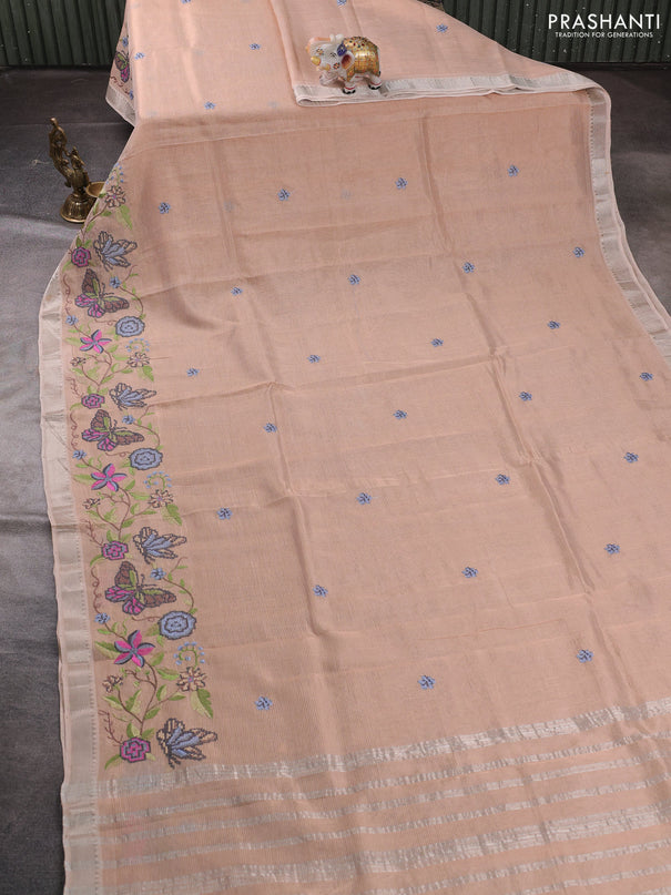 Mangalgiri silk cotton saree beige with embroidery buttas and embroidery border