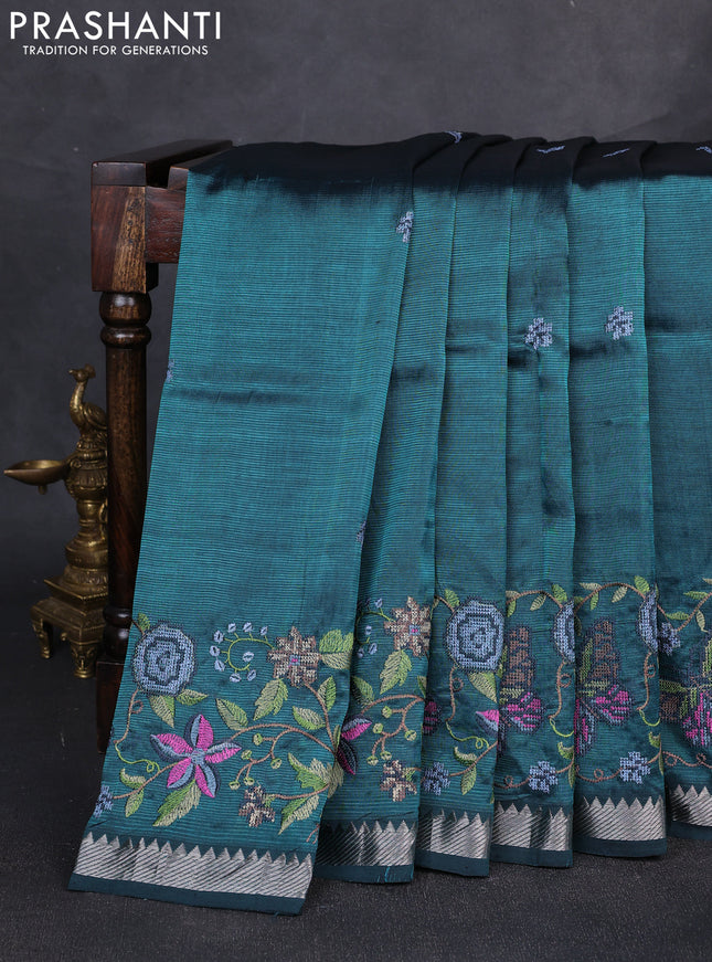 Mangalgiri silk cotton saree peacock green with embroidery buttas and embroidery border