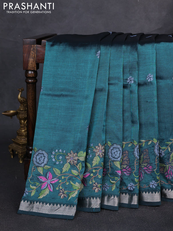 Mangalgiri silk cotton saree peacock green with embroidery buttas and embroidery border