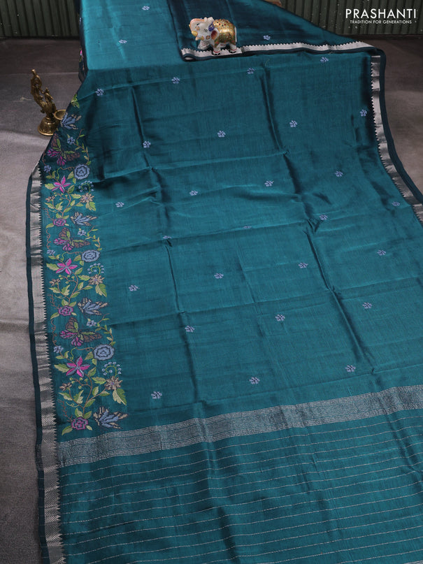 Mangalgiri silk cotton saree peacock green with embroidery buttas and embroidery border