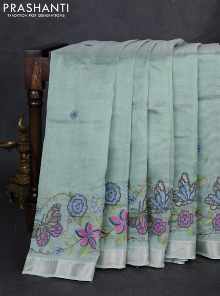 Mangalgiri silk cotton saree pastel green with embroidery buttas and embroidery border