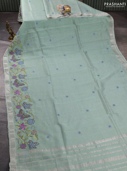 Mangalgiri silk cotton saree pastel green with embroidery buttas and embroidery border