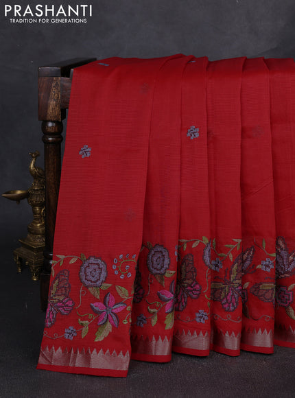 Mangalgiri silk cotton saree red with embroidery buttas and embroidery border