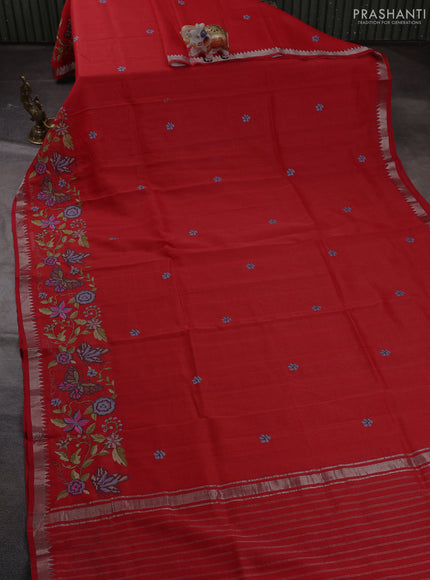 Mangalgiri silk cotton saree red with embroidery buttas and embroidery border