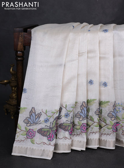 Mangalgiri silk cotton saree off white with embroidery buttas and embroidery border