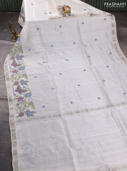 Mangalgiri silk cotton saree off white with embroidery buttas and embroidery border
