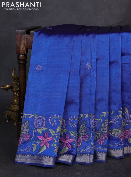 Mangalgiri silk cotton saree peacock blue with embroidery buttas and embroidery border