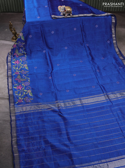 Mangalgiri silk cotton saree peacock blue with embroidery buttas and embroidery border
