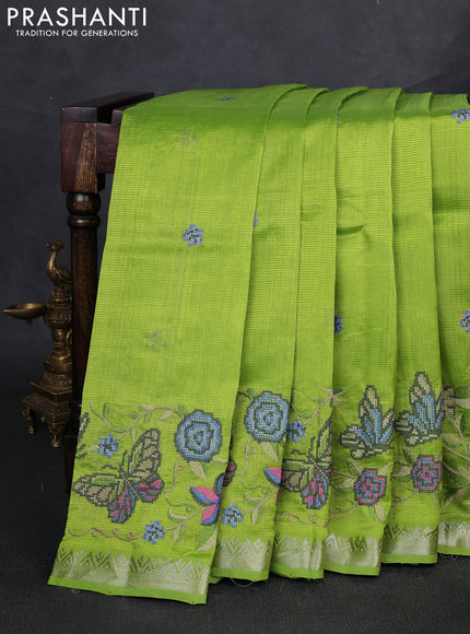 Mangalgiri silk cotton saree green with embroidery buttas and embroidery border