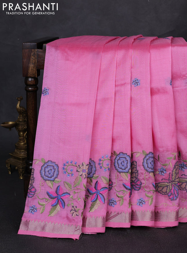 Mangalgiri silk cotton saree light pink with embroidery buttas and embroidery border