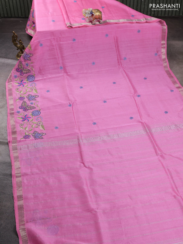 Mangalgiri silk cotton saree light pink with embroidery buttas and embroidery border