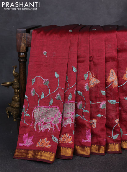Mangalgiri silk cotton saree maroon with embroidery buttas and pichwai embroidery border