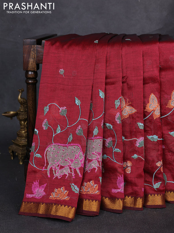 Mangalgiri silk cotton saree maroon with embroidery buttas and pichwai embroidery border