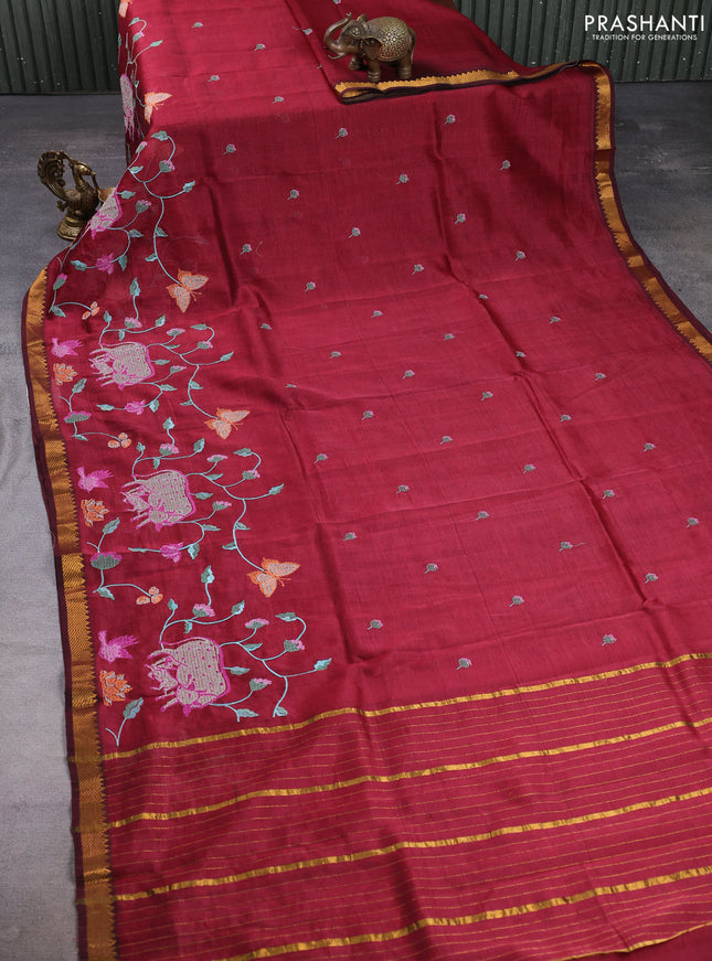 Mangalgiri silk cotton saree maroon with embroidery buttas and pichwai embroidery border