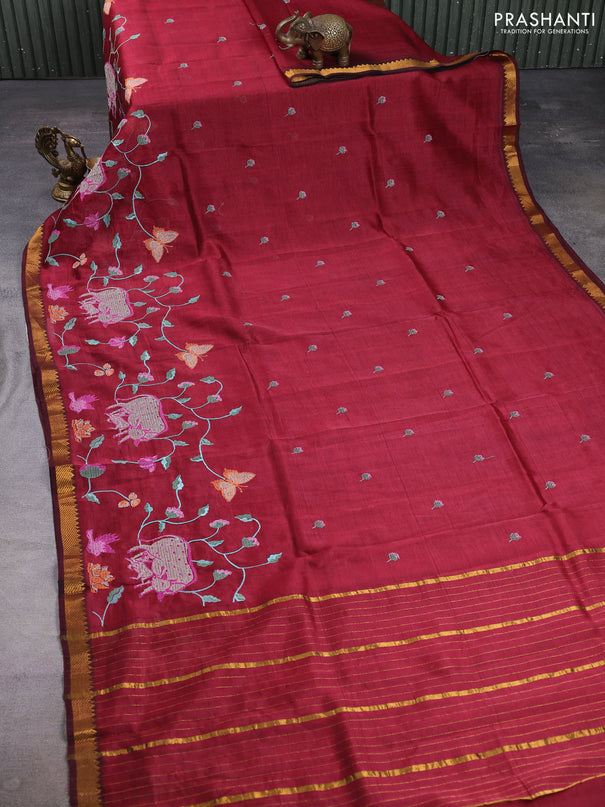 Mangalgiri silk cotton saree maroon with embroidery buttas and pichwai embroidery border