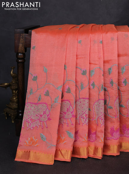 Mangalgiri silk cotton saree peach shade with embroidery buttas and pichwai embroidery border