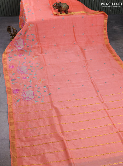 Mangalgiri silk cotton saree peach shade with embroidery buttas and pichwai embroidery border