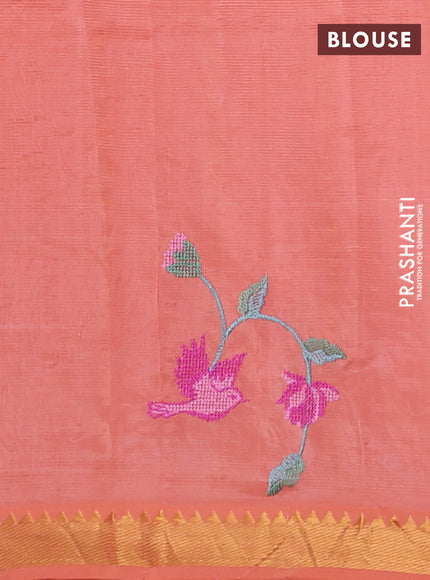 Mangalgiri silk cotton saree peach shade with embroidery buttas and pichwai embroidery border