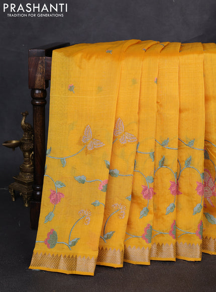 Mangalgiri silk cotton saree mango yellow with embroidery buttas and pichwai embroidery border