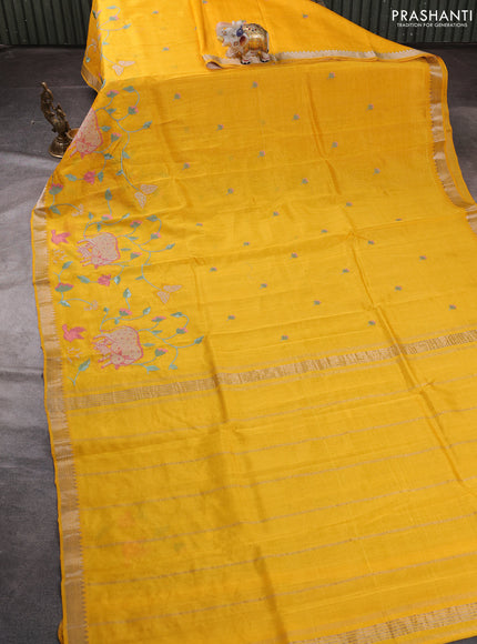 Mangalgiri silk cotton saree mango yellow with embroidery buttas and pichwai embroidery border