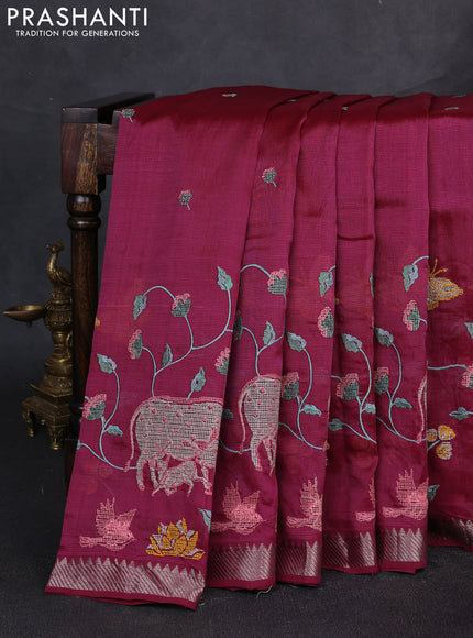Mangalgiri silk cotton saree wine with embroidery buttas and pichwai embroidery border
