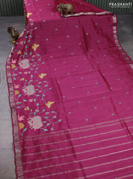 Mangalgiri silk cotton saree wine with embroidery buttas and pichwai embroidery border