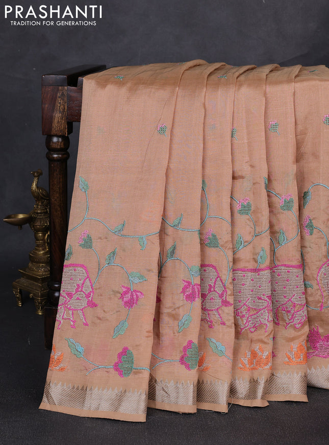 Mangalgiri silk cotton saree sandal with embroidery buttas and pichwai embroidery border