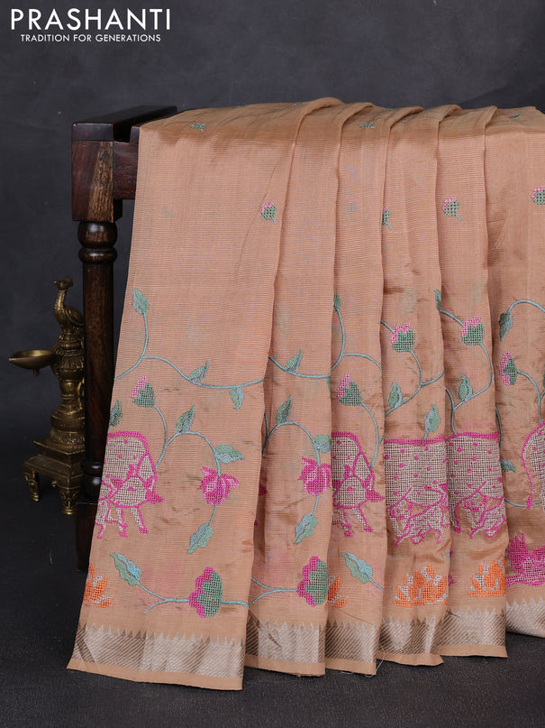 Mangalgiri silk cotton saree sandal with embroidery buttas and pichwai embroidery border