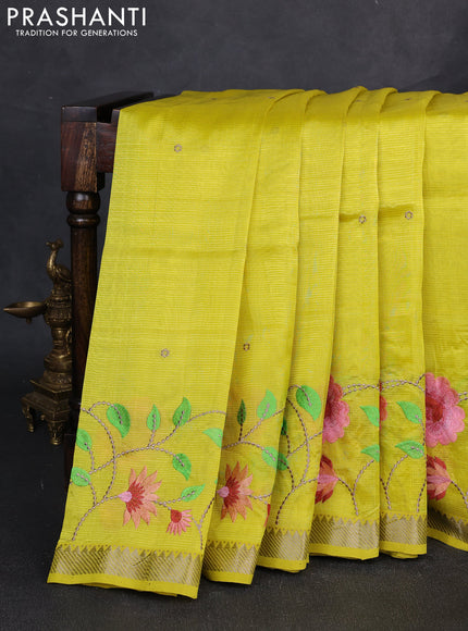 Mangalgiri silk cotton saree lime yellow with embroidery buttas and embroidery border